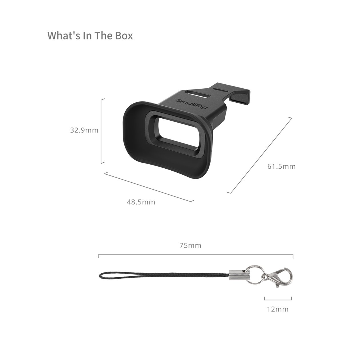 SmallRig 4819 Camera Viewfinder Eyecup für Sony Alpha 7C II/Alpha 7CR - Lieferumfang: Augenmuschel und Lanyard mit Größenangaben.