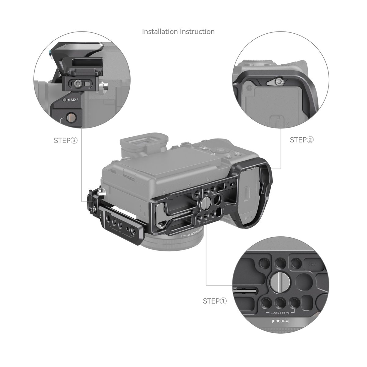 SmallRig 3710 Rhinoceros Advanced Cage Kit für Sony Alpha 7R V/IV/7S III - Montageanleitung: Kamera-Cage wird an Kamera befestigt, mit 3 Detailansichten der Schritte.