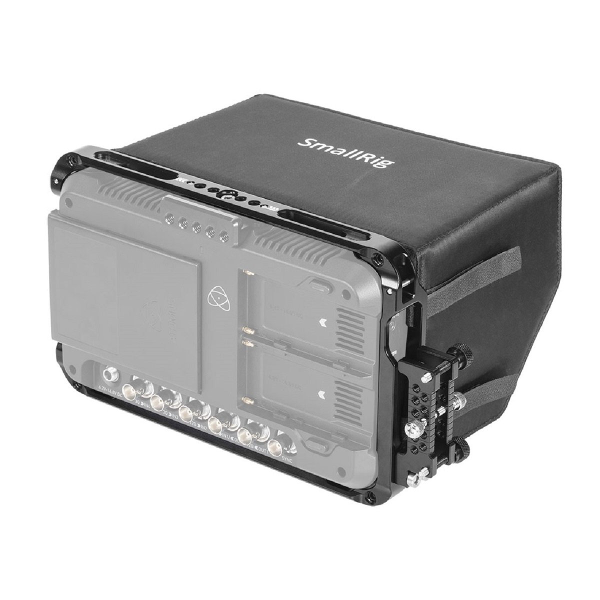 SmallRig 2409 Cage Kit und Sunhood für Atomos Shogun 7 - SmallRig Sonnenschutzhaube für Monitor, Rückansicht der Montage am Monitor.