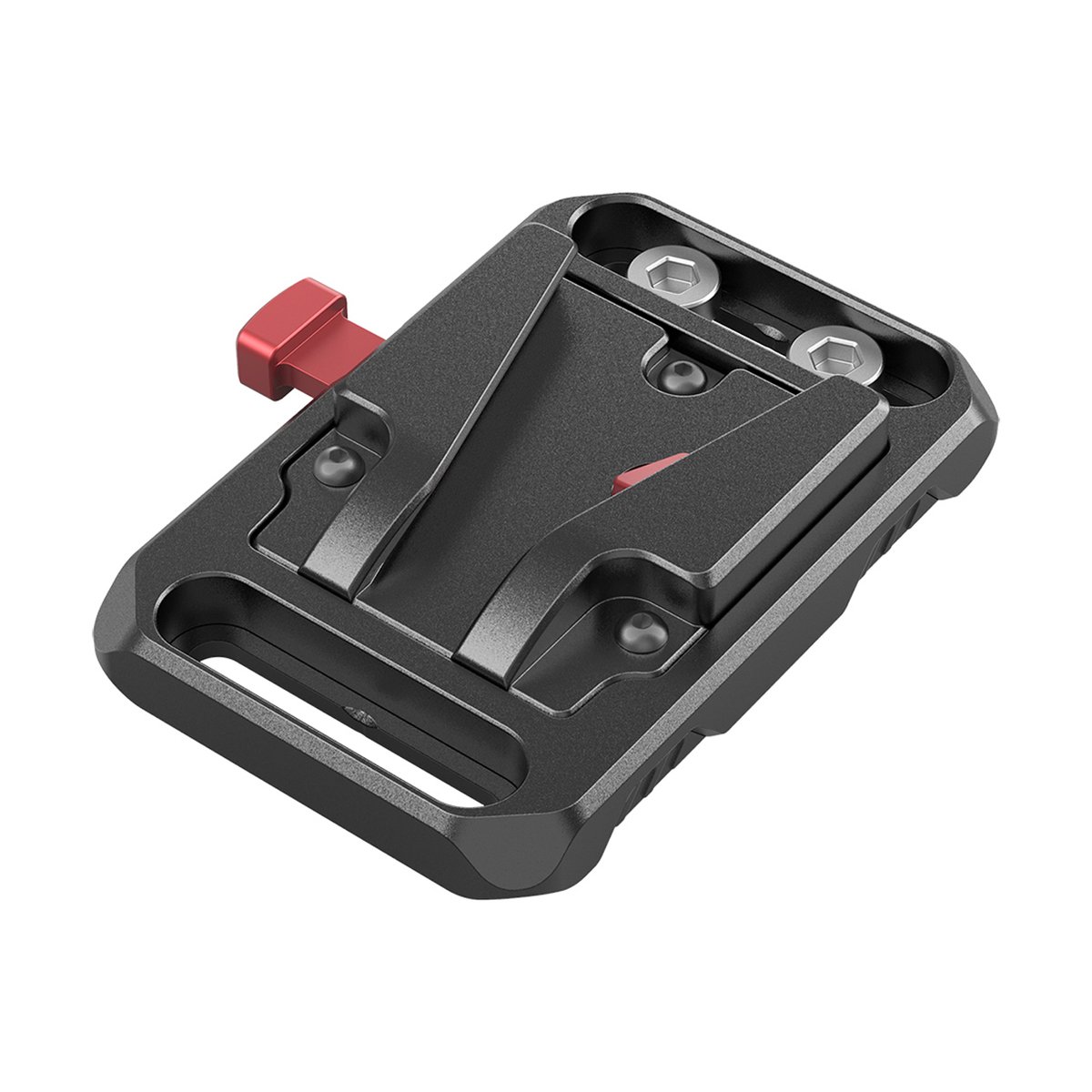 SmallRig 2987 Mini V-Mount Battery Plate Batterieadapter-Platte - Schrägansicht einer schwarzen Schnellwechselplatte mit rotem Verschlusshebel.