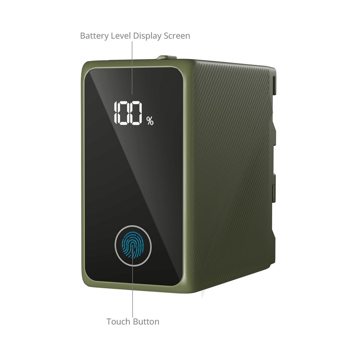 SmallRig 4577 NP-F970 grün, USB-C wiederaufladbarer Akku - Detailansicht der Powerbank-Front mit 100% Akkuanzeige auf dem Display und Fingerabdruck-Touch-Taste.