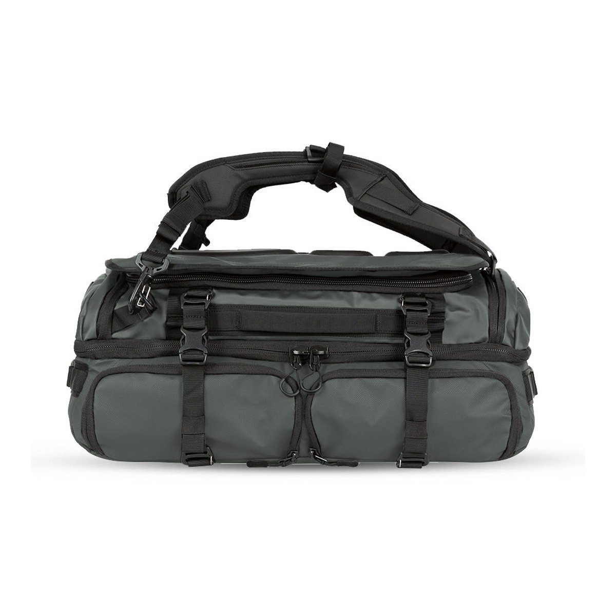 WANDRD HEXAD ACCESS DUFFEL Wasatch Green - Dufflebag dunkelgrün mit Schultergurt, Frontansicht.