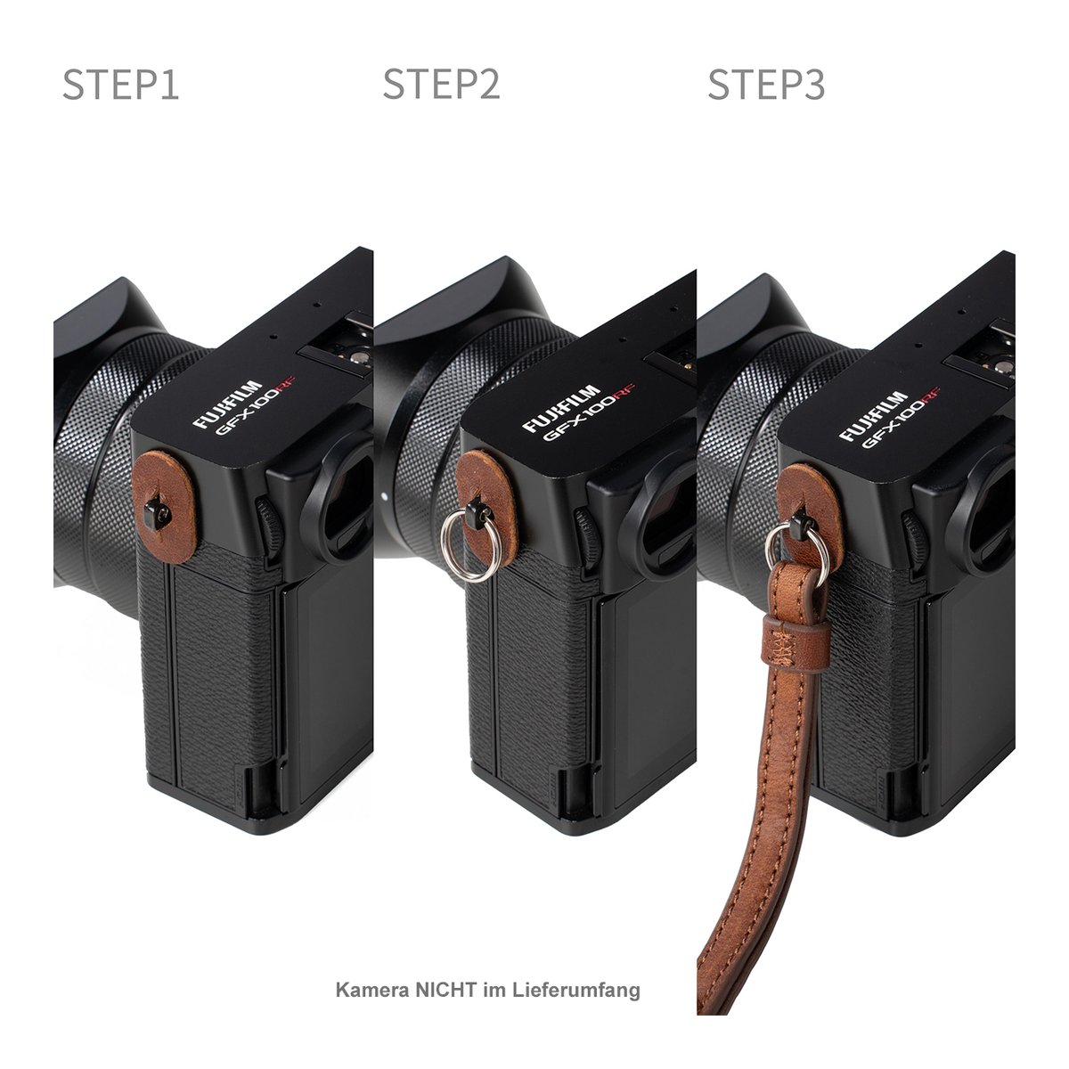 SmallRig 5268 Leather Case Kit brown for Fujifilm GFX100RF - Anwendungsbeispiel: Kameragurt-Montage in 3 Schritten an der Kamera.