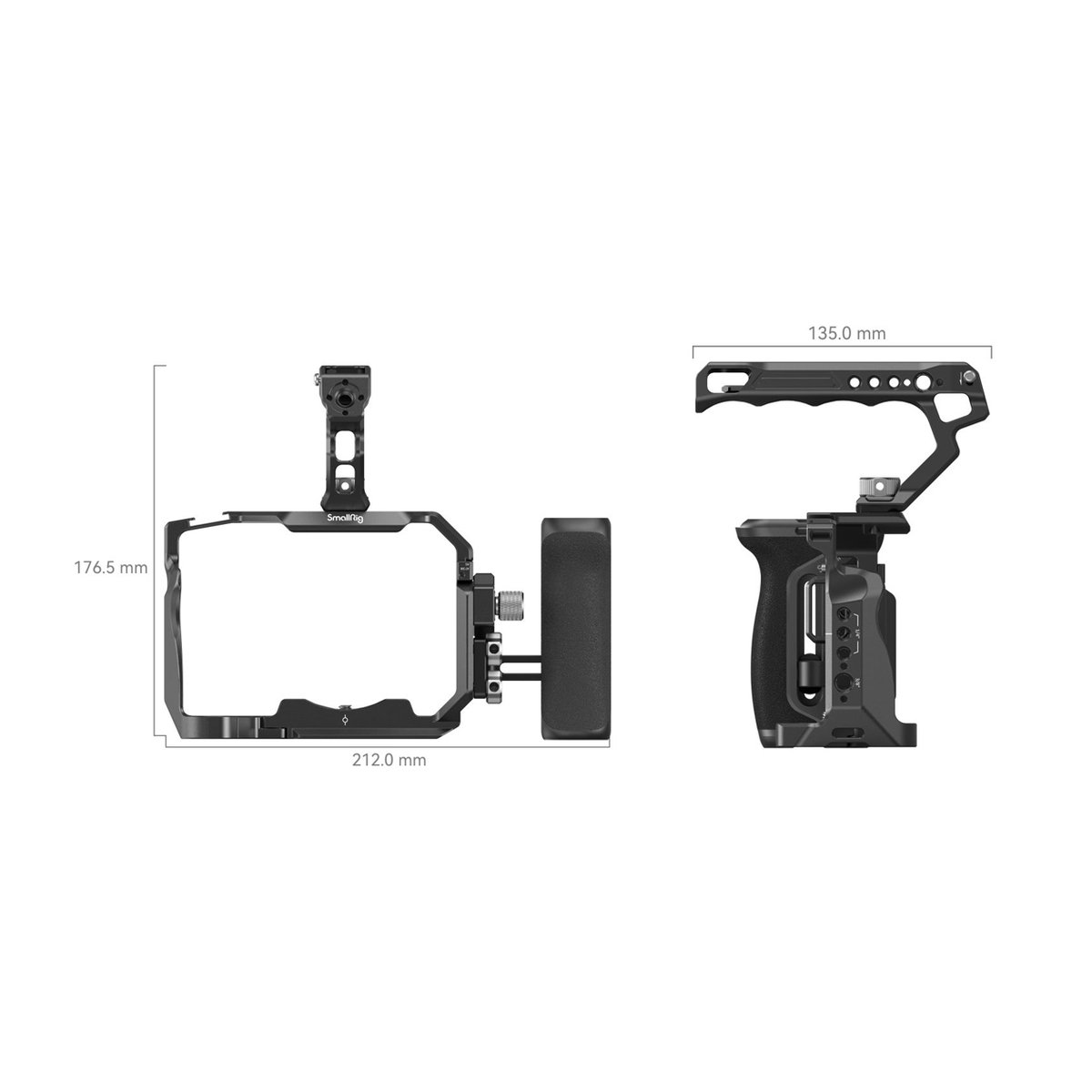 SmallRig 3669C Advanced Kit für Sony Alpha 7R V / 7 IV / 7S III - Abmessungen von Kamerakäfig und Seitenhandgriff