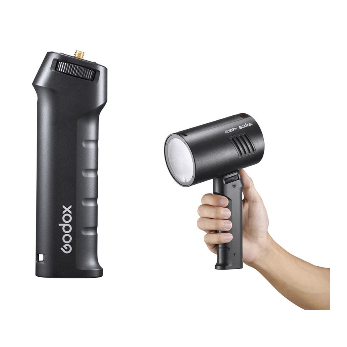 Godox Flash Grip Handgriff - Godox AD100Pro Blitz mit Handgriff in Gebrauch und separates Akku-Handteil