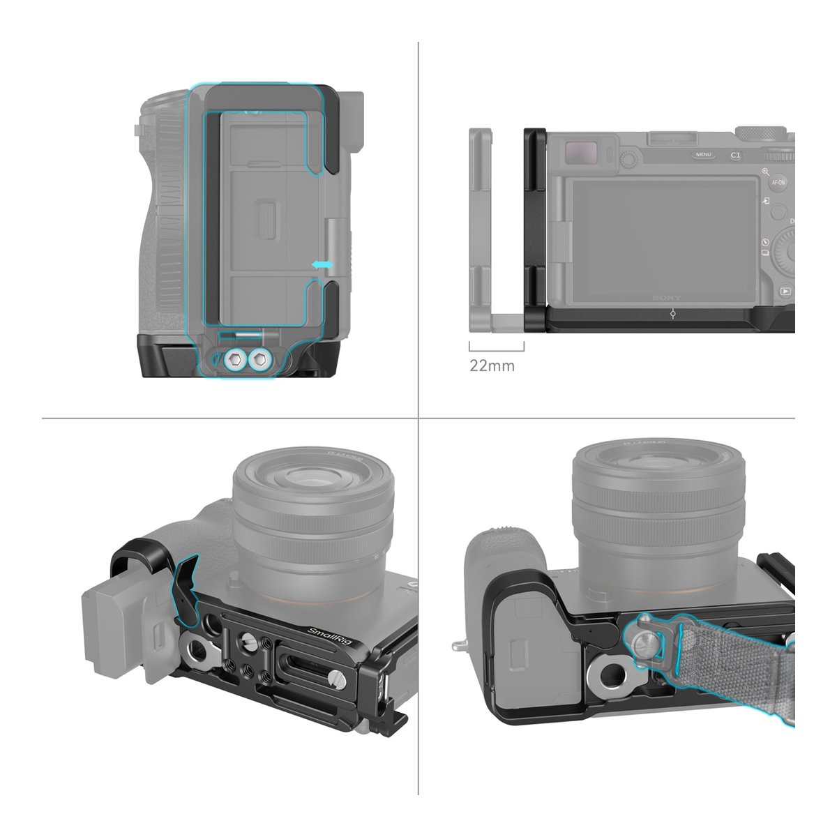 SmallRig 4569 L-Bracket für Sony Alpha 7C II/Alpha 7CR - Detailansichten des Kameracages am Gehäuse mit Zugriff auf Akku, seitlicher Verlängerung und Gurtbefestigung.