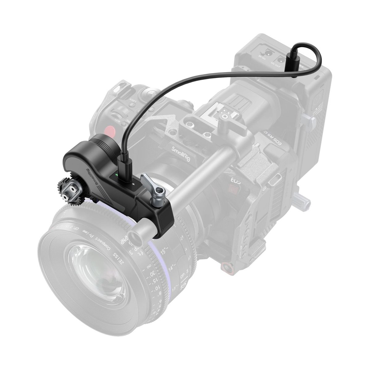 SmallRig 4297 drahtloser Empfänger-Motor (Lite) - Anwendungsbeispiel: Drahtloser Fokusmotor am Kameraobjektiv und Rig montiert.