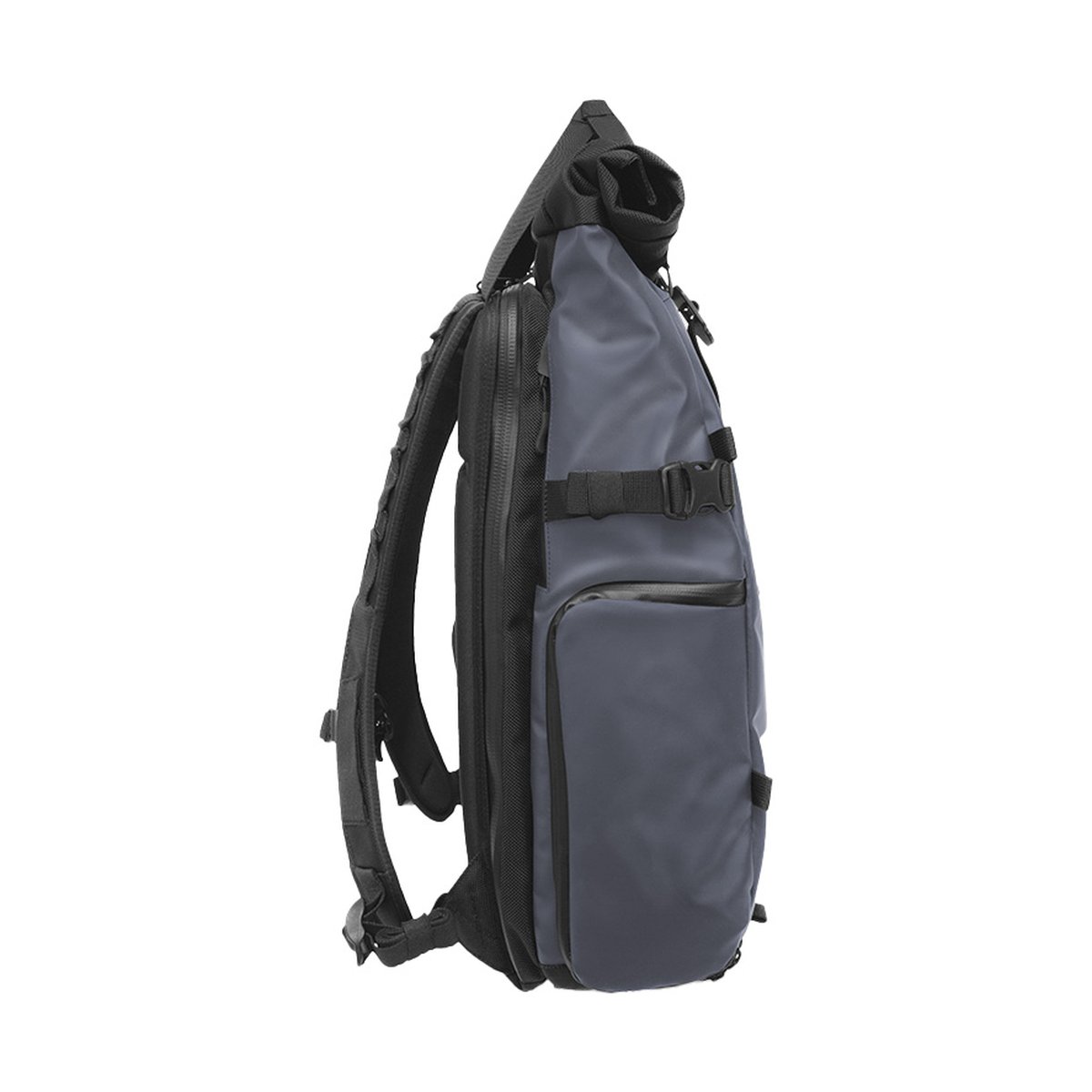 WANDRD PRVKE 21-Liter Blue Travel Bundel V3 - Seitenansicht des dunkelgrauen Roll-Top-Rucksacks