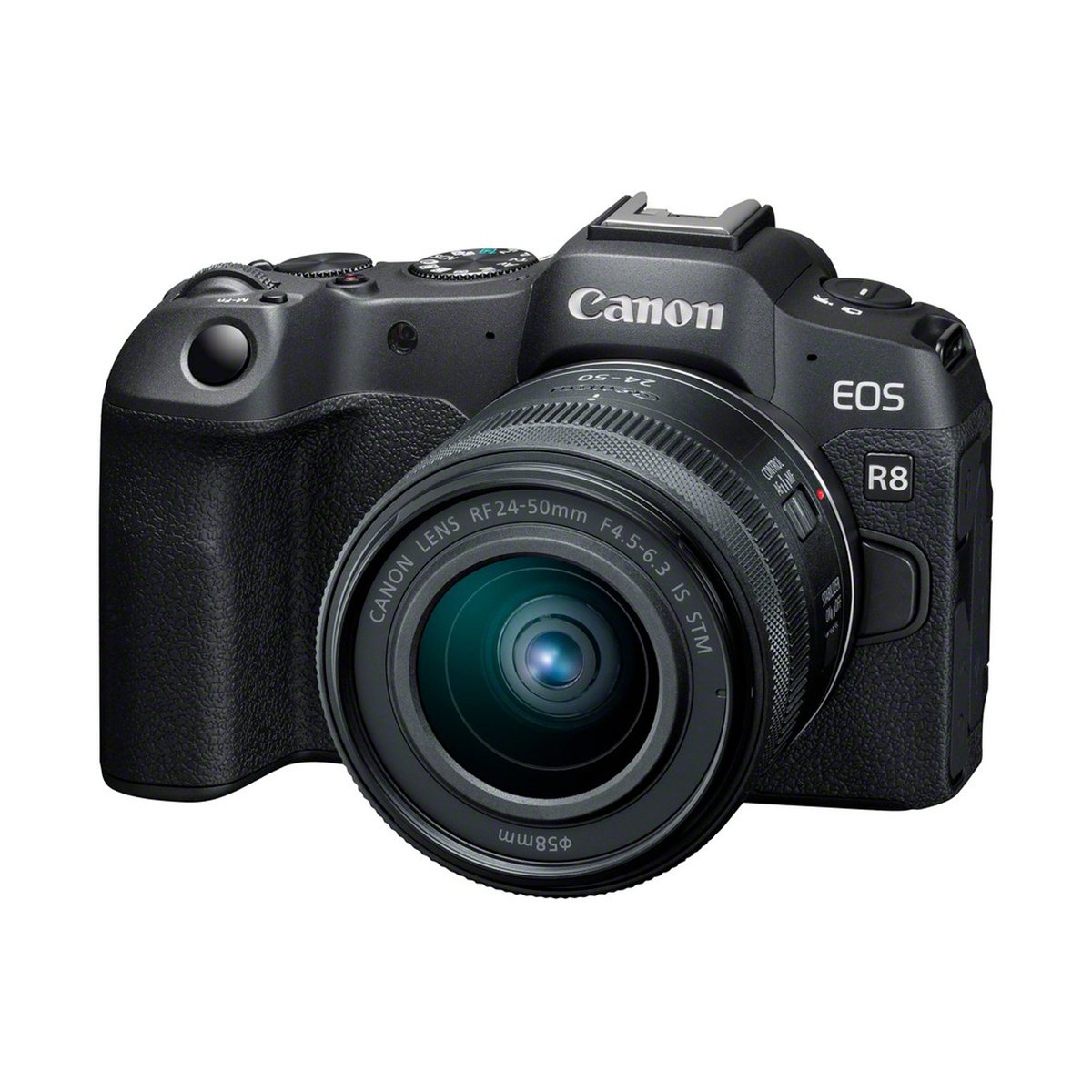Canon EOS R8+RF 4,5-6,3/24-50 mm IS STM Kamerakit - Frontansicht einer schwarzen Canon EOS R8 Kamera mit Objektiv