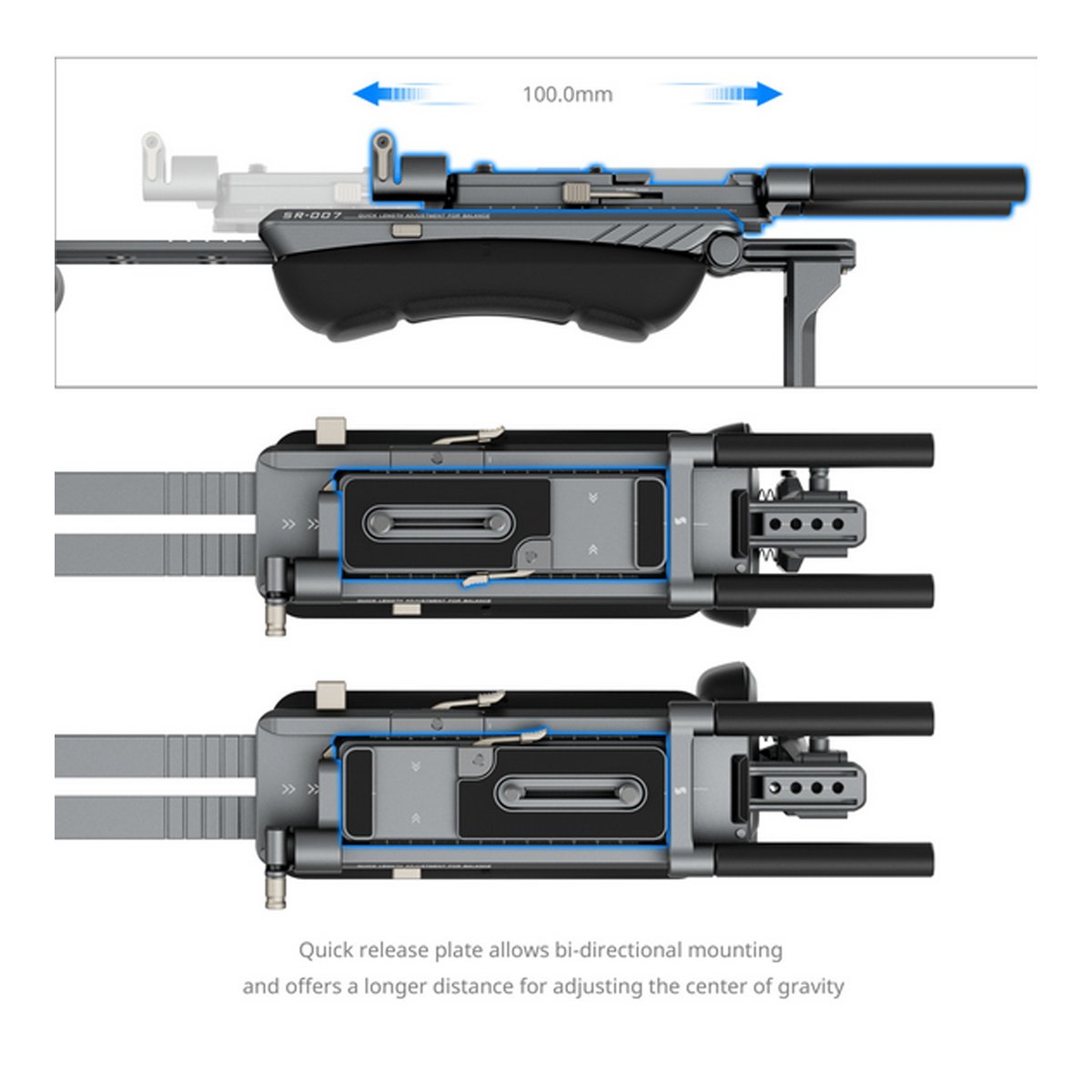 SmallRig 4181 HawkLock Schulter Rig SR007 Pro - Technische Ansichten: 100mm Längenverstellung und bidirektionale Schnellwechselplatte.