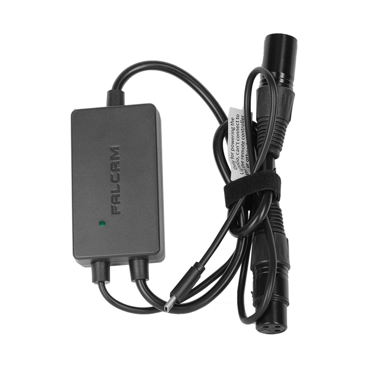 Falcam Move LightGo CANNON 600 Power Adapter Module MV0A4A07 - Gesamtansicht des Falcam Stromadapters mit Kabeln, XLR-Stecker und USB-C-Anschluss.