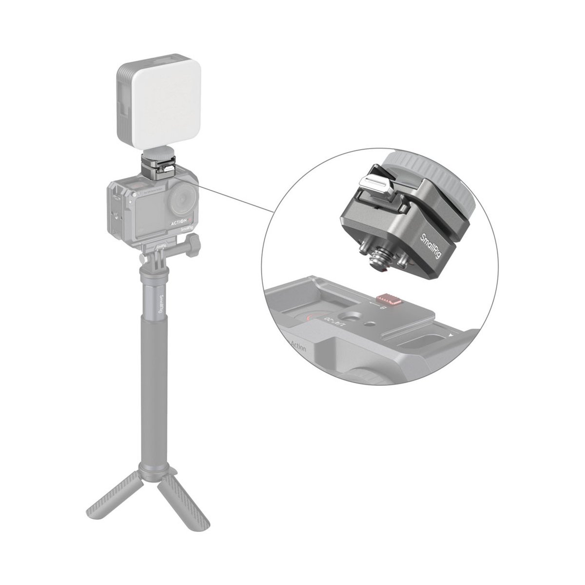 SmallRig 4500 HawkLock H18 QR Support mit Cold Shoe - Detailansicht des Quick Release Adapters zur Befestigung der Leuchte an der Kamera auf Stativ