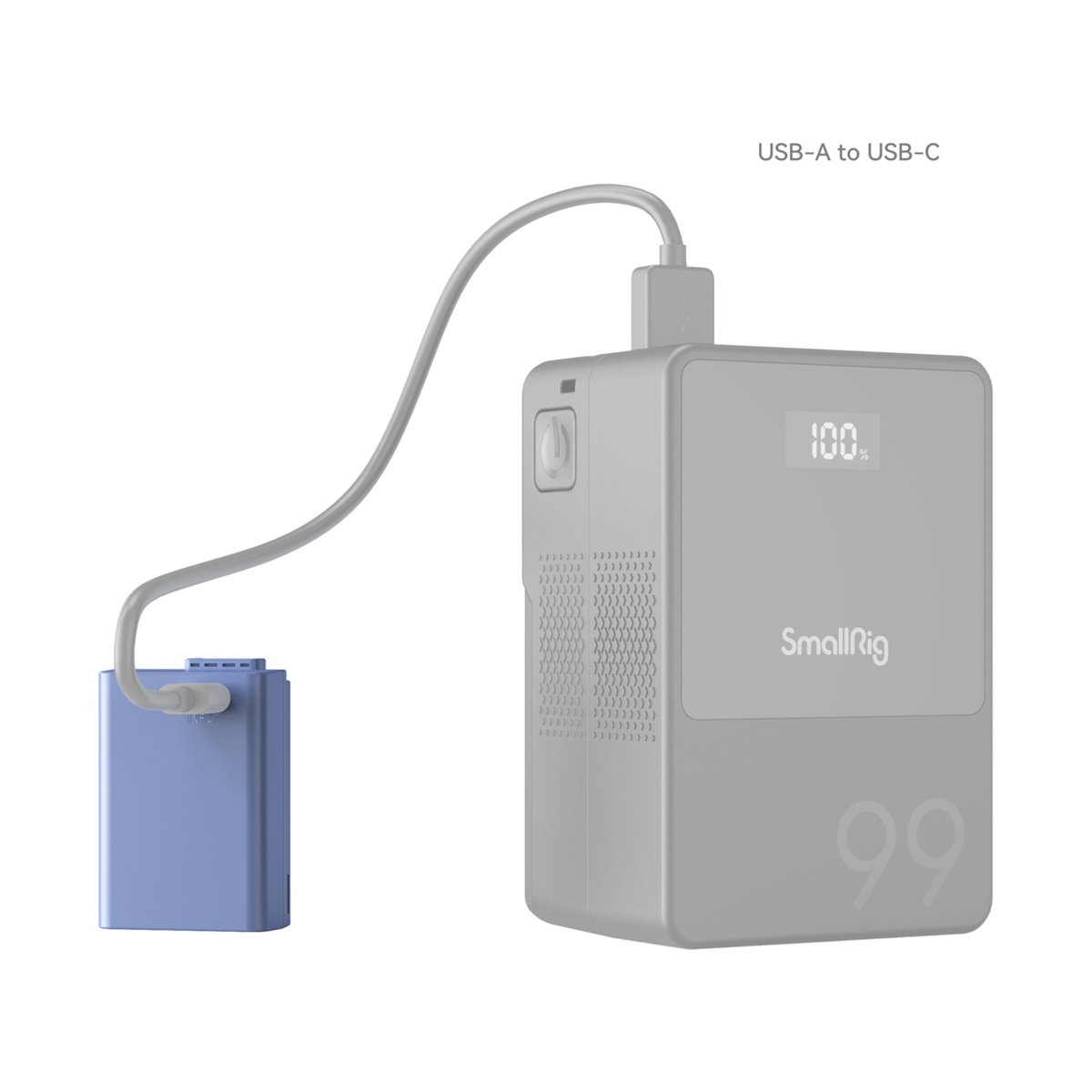 SmallRig 4333 EN-EL25 USB-C (Nikon) aufladbare Kamerabatterie - Anwendungsbeispiel: SmallRig Powerbank lädt kleines blaues Gerät über USB-A zu USB-C Kabel.