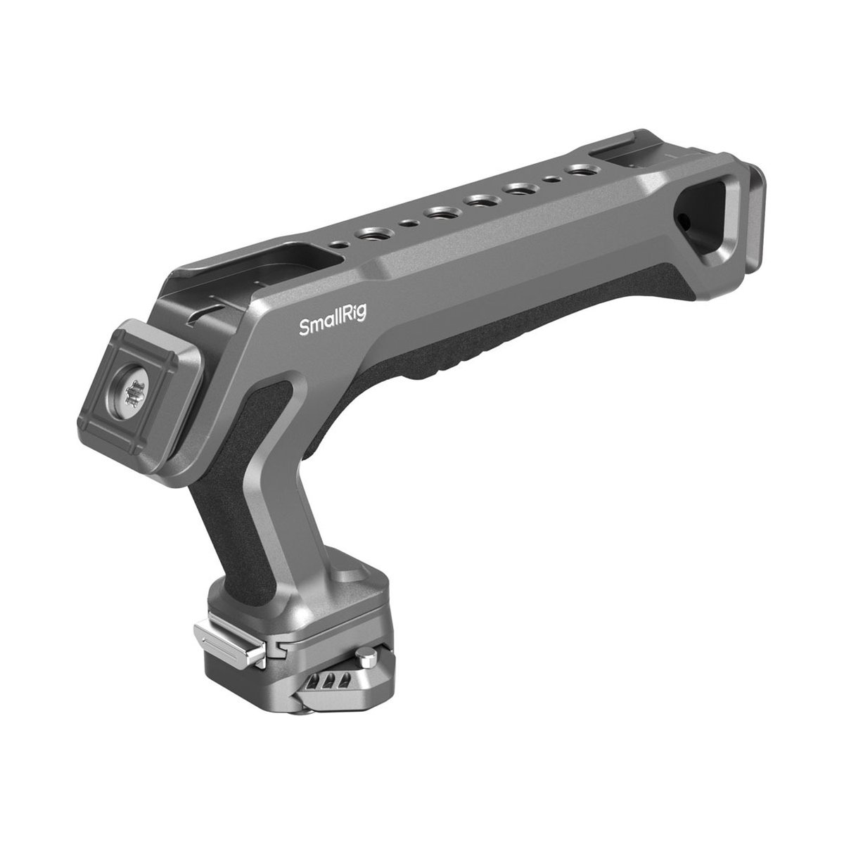 SmallRig 4483 HawkLock H21 QR Top Handle Kit - SmallRig Top-Griff, schräge Vorderansicht mit Blitzschuh und NATO-Klemme.