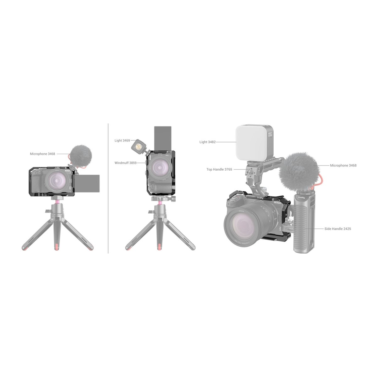 SmallRig 3858 Cage für Nikon Z 30 - Konfigurationsbeispiele: Drei Kamerarig-Setups mit montiertem Zubehör wie Mikrofonen, Lichtern und Griffen.