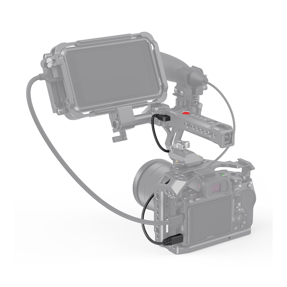 SmallRig 2971B Sony Multi-Camera Control Cable (Multi zu Typ-C) - Anwendungsbeispiel: Verbindungskabel zwischen Kamera und externem Monitor an einem Kamerakäfig.