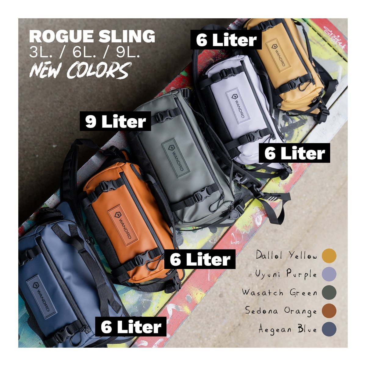 WANDRD ROGUE Sling 9L Wasatch Green - Produktübersicht: Rogue Sling Bags in verschiedenen Größen und neuen Farben.