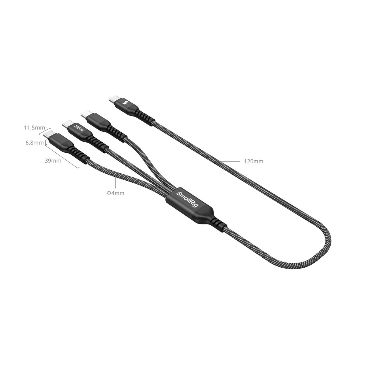 SmallRig 5079 3-in 1 USB-Stromkabel 1,20 m - Technische Detailansicht des 3-in-1 USB-C Ladekabels mit Bemaßungen
