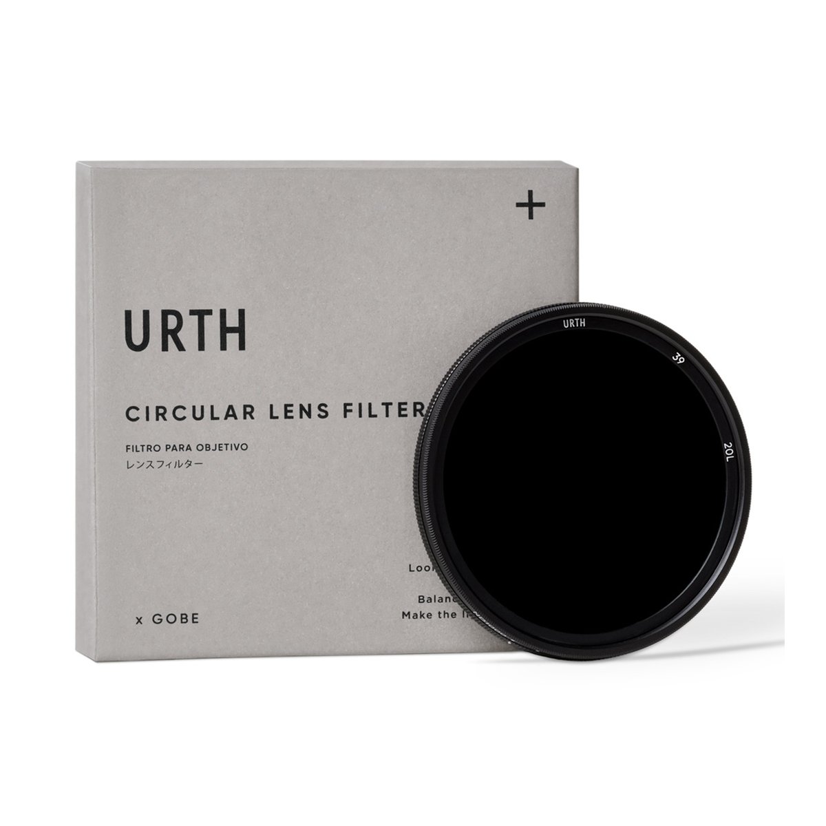 Urth 39mm ND64-1000 (6-10 Stop) Variable ND Objektivfilter (Plus+) - Lieferumfang: Urth Zirkular-Objektivfilter und graue Verpackung.