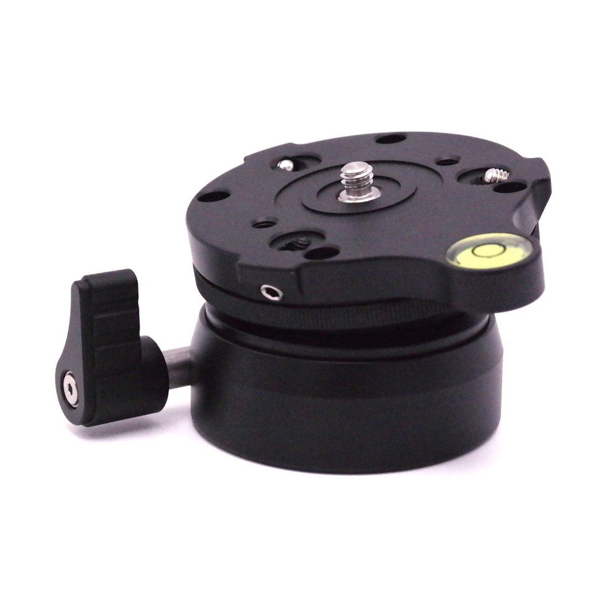 Caruba Nivelliersockel - Omnidirektional & 1/4" Gewinde (DY-60a) - Vorderseitenansicht der schwarzen Kamerastativ-Nivellierbasis mit Wasserwaage