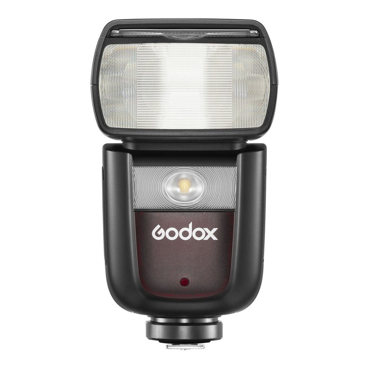 Godox Speedlite V860III Fuji - Godox Kamerablitz Frontansicht mit leuchtendem Einstelllicht