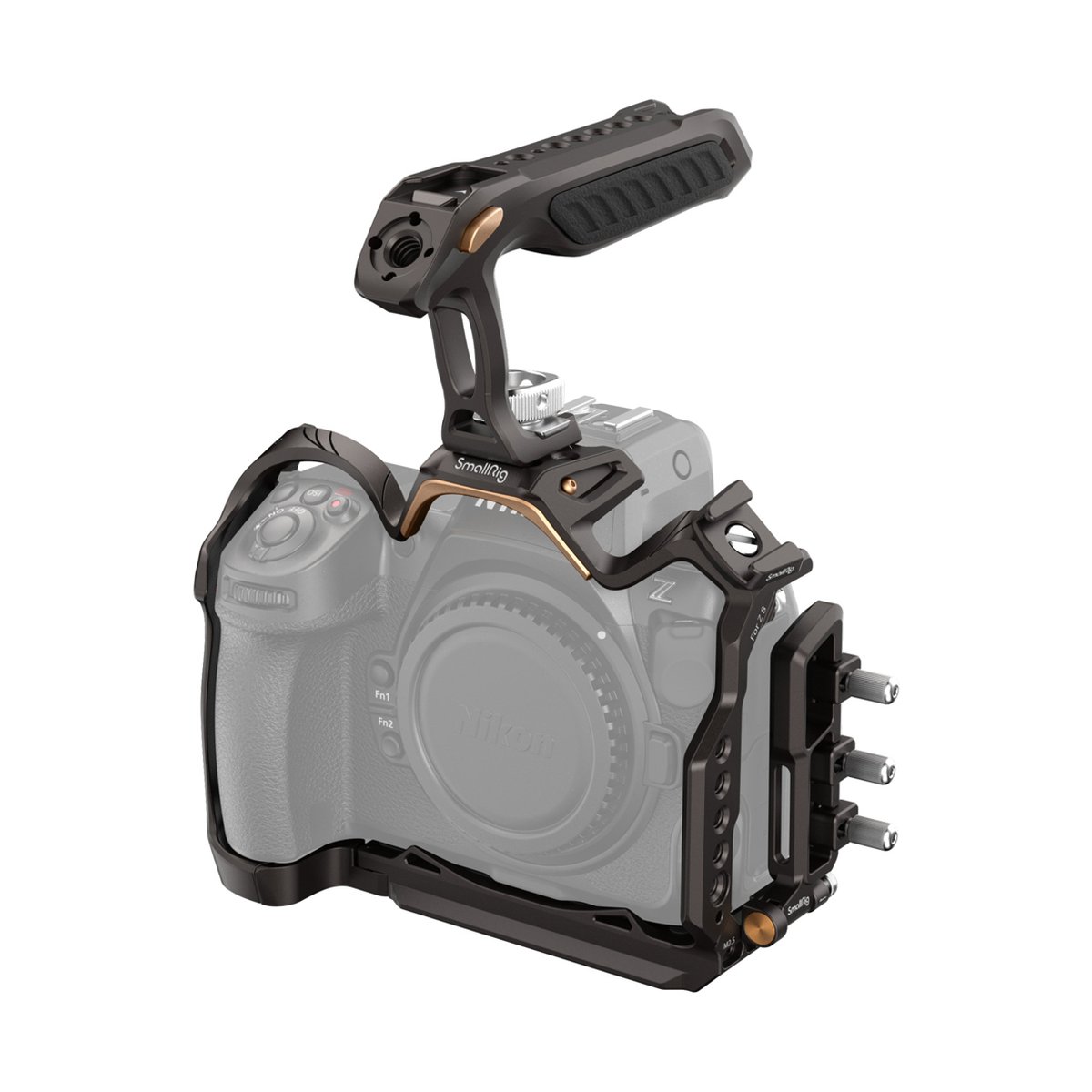 SmallRig 4317 Night Eagle Cage Kit für Nikon Z8 - SmallRig Kamerakäfig mit Top-Griff an einer Kamera, 3/4-Ansicht von vorne rechts. SmallRig 4317 Night Eagle Cage Kit für Nikon Z8 - SmallRig Kamerakäfig mit Top-Griff an einer Kamera, 3/4-Ansicht von vorne rechts.