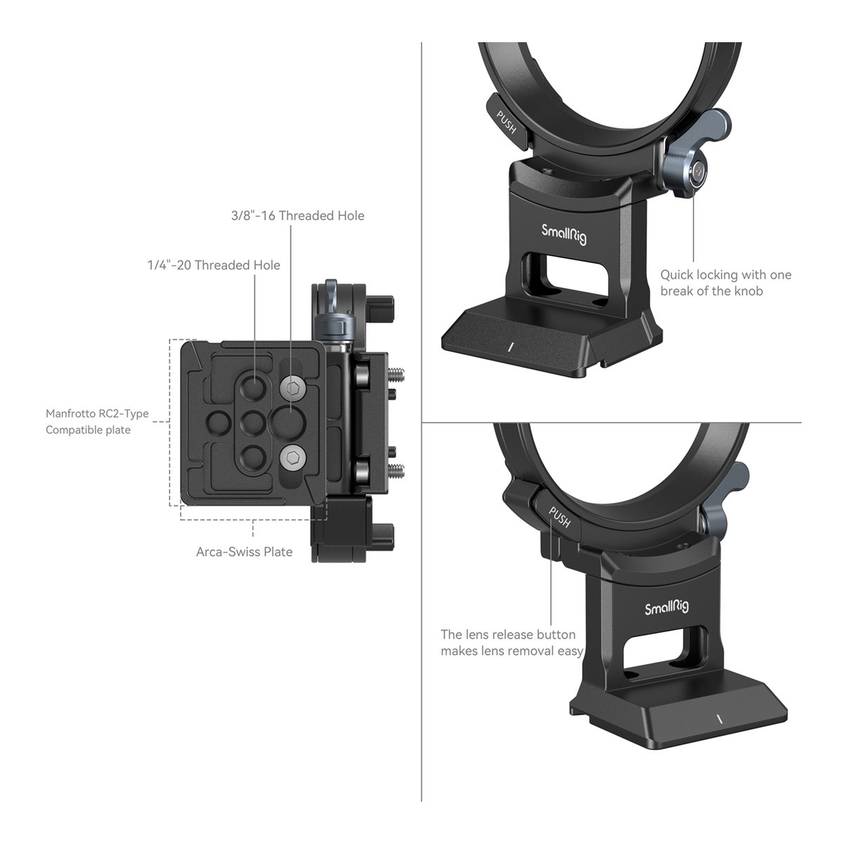 SmallRig 4424 Drehbare Horizontal- Vertikal-Montageplatte für Sony - Detailansicht: Objektivhalterung mit Manfrotto/Arca-Swiss Kompatibilität, Gewindebohrungen & Schnellverschluss-Funktionen