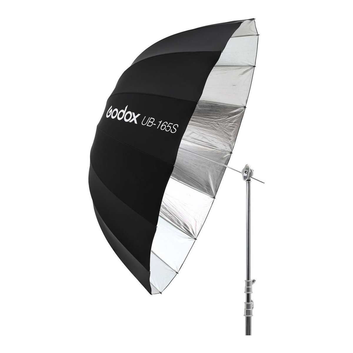 Godox 165cm Parabolic Umbrella Black&Silver - Komplette Ansicht des Schirms auf Stativ