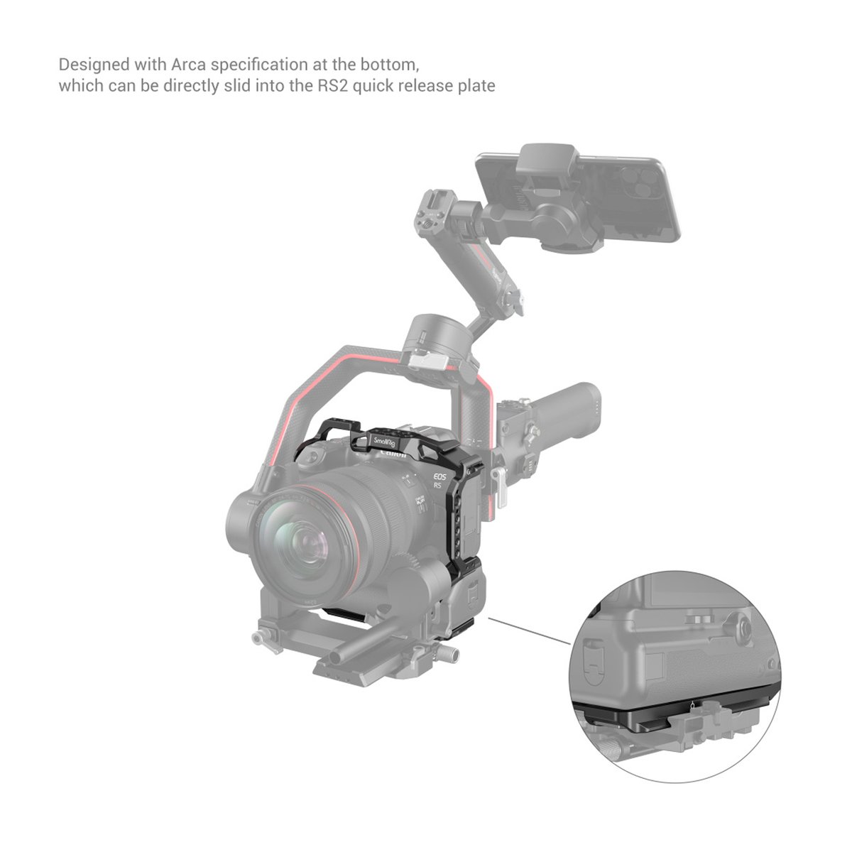 SmallRig 3464B Cage für Canon EOS R5/R6/R5C/R6 Mark II mit BG-R10 - Anwendungsbeispiel: Kamerakäfig auf Gimbal mit Detailansicht der Arca-Swiss Schnellwechselplatte SmallRig 3464B Cage für Canon EOS R5/R6/R5C/R6 Mark II mit BG-R10 - Anwendungsbeispiel: Kamerakäfig auf Gimbal mit Detailansicht der Arca-Swiss Schnellwechselplatte