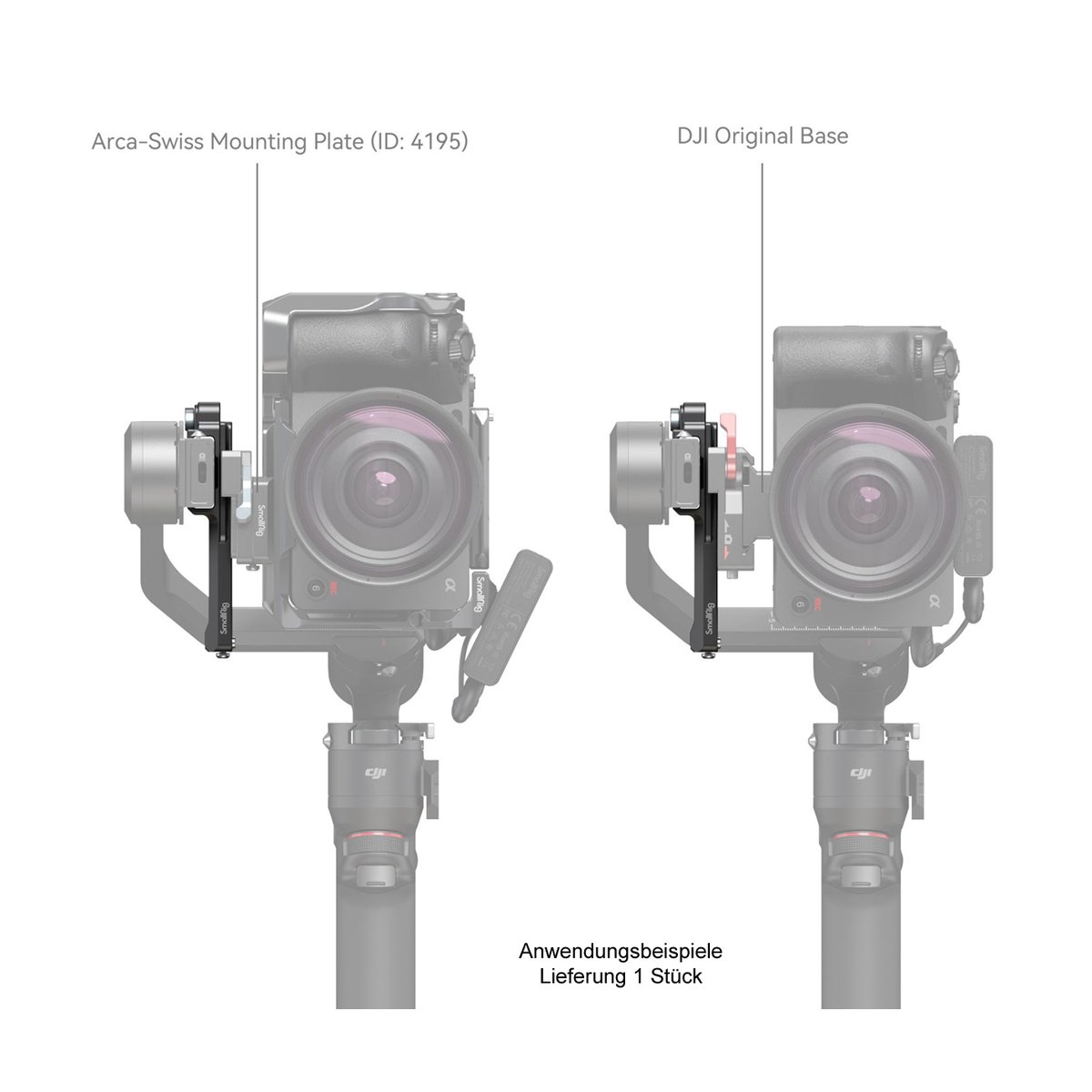 SmallRig 4196 Verlängerter vertikaler Arm für DJI RS 3 Mini - Anwendungsbeispiele: Arca-Swiss Montageplatte vs. DJI Original Base an Kamera & Gimbal