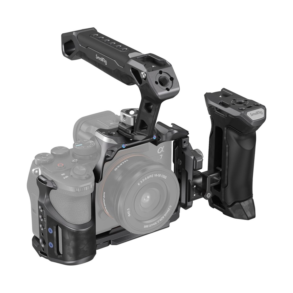 SmallRig 3710 Rhinoceros Advanced Cage Kit für Sony Alpha 7R V/IV/7S III - Anwendungsbeispiel: SmallRig Kamerakäfig mit Top- & Seitengriff an Sony Alpha 7 Kamera.