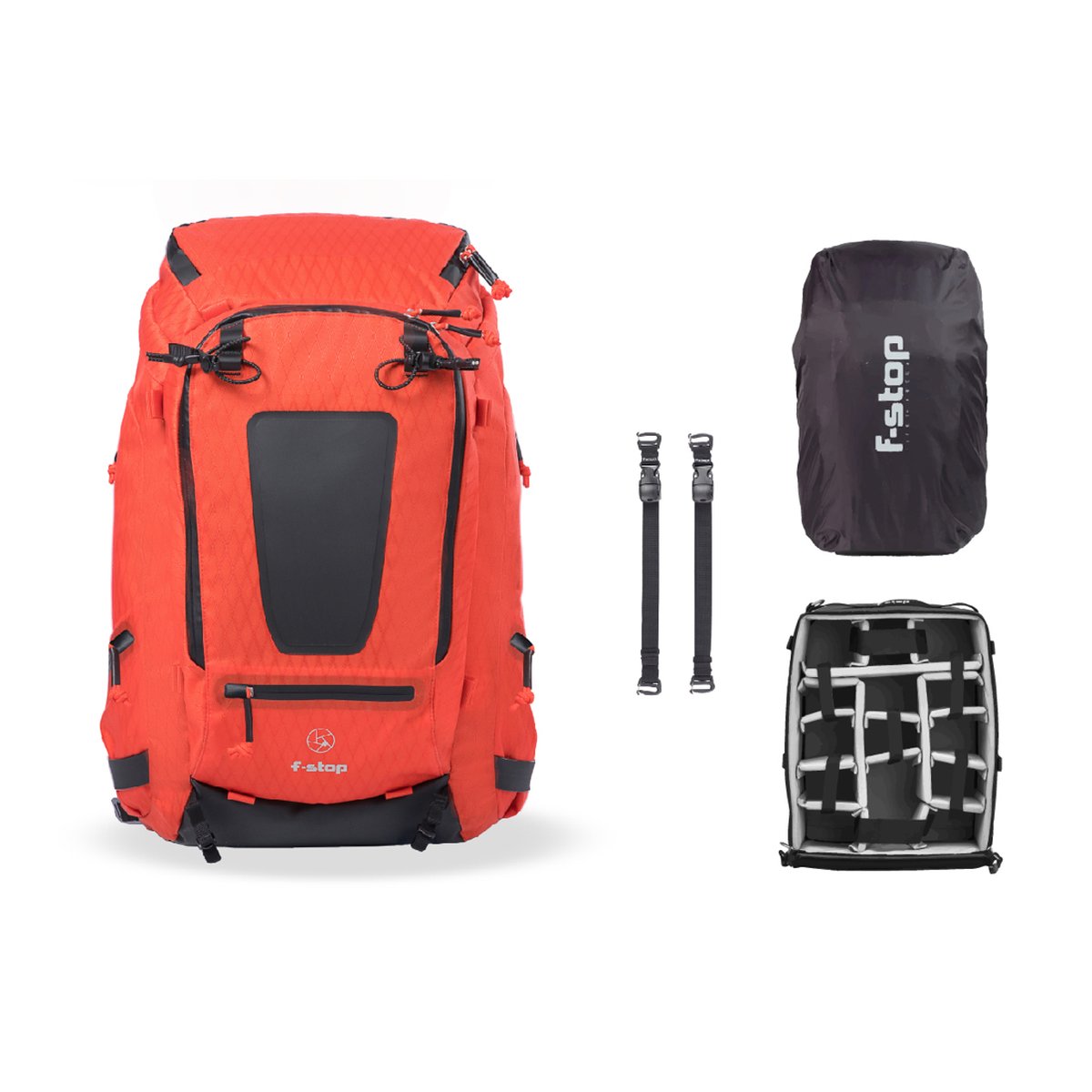 F-Stop DuraDiamond Tilopa Bundle - Magma - Lieferumfang des f-stop Kamera-Rucksacks in Rot mit Regenhülle, Gurten und Kamera-Einsatz
