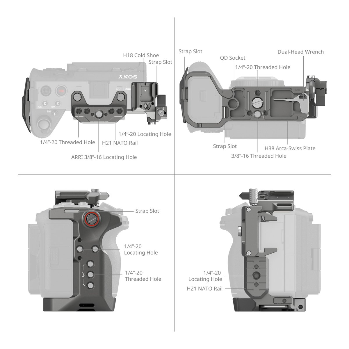 SmallRig 4771 HawkLock QR Advanced Cage Kit für Sony FX3 / FX30 - Kamera-Cage: Detaillierte Übersicht aller Ansichten (oben, hinten, Seite) mit beschrifteten Funktionen und Anschlüssen.