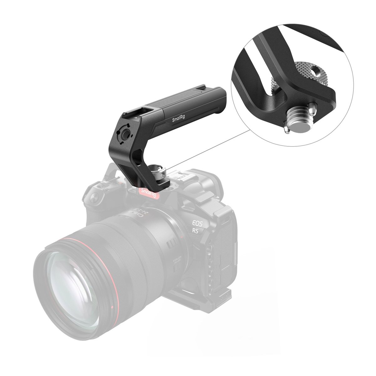 SmallRig 4757 ARRI Locating Top Handle (Tiny) - Anwendungsbeispiel: SmallRig Top-Griff montiert auf Canon EOS R5 Kamera, Detailansicht Befestigung. SmallRig 4757 ARRI Locating Top Handle (Tiny) - Anwendungsbeispiel: SmallRig Top-Griff montiert auf Canon EOS R5 Kamera, Detailansicht Befestigung.