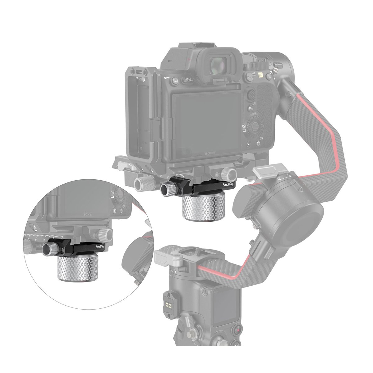 SmallRig 3125 Gegengewicht Kit für DJI RS/RSC 2 u. Zhiyun Gimbal - Anwendungsbeispiel: Vertikal-Adapter für Kamera am Gimbal, Detailansicht des Befestigungsknopfs