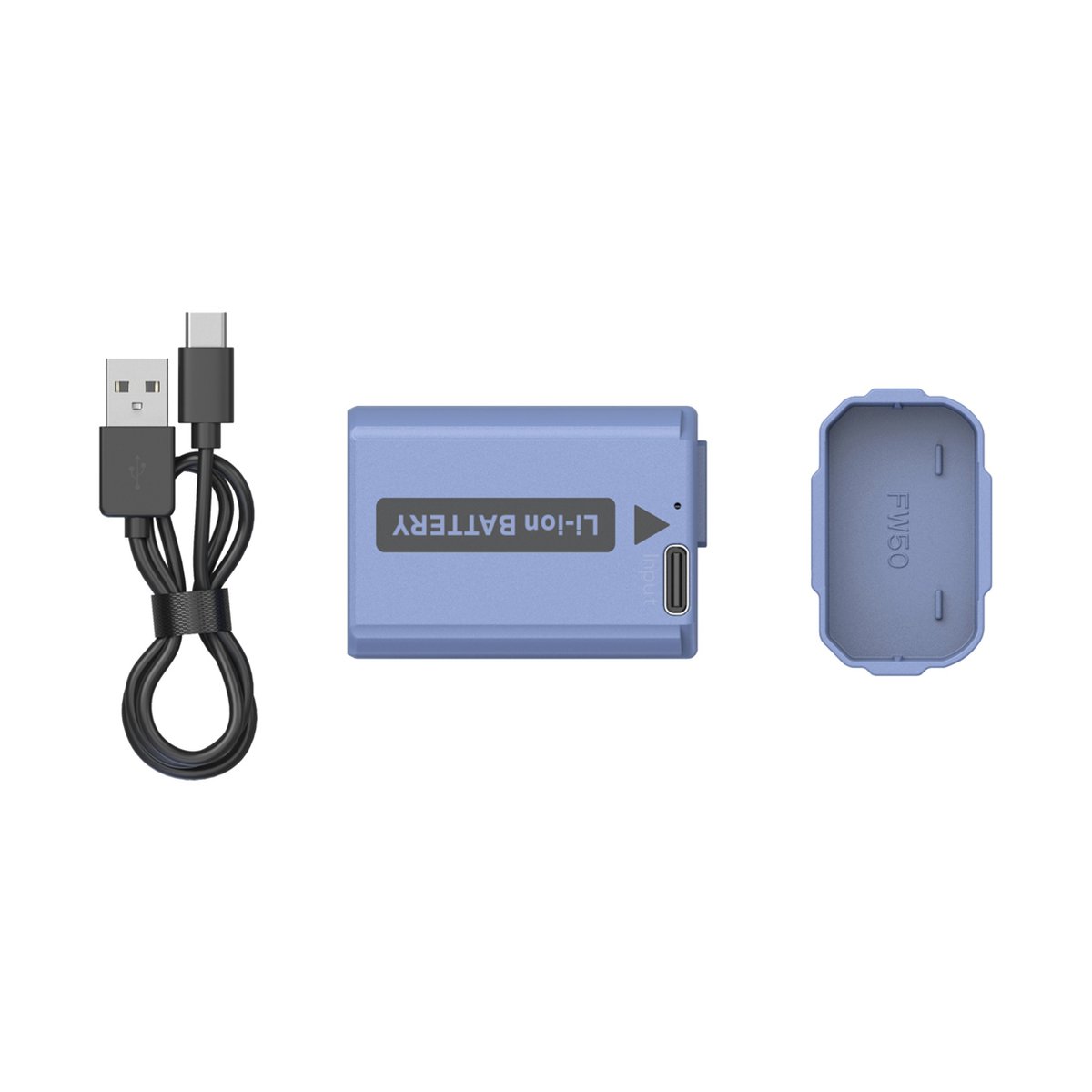 SmallRig 4330 NP-FW50 USB-C (Sony) aufladbare Kamerabatterie - Lieferumfang: Blauer Li-Ion Akku-Ladegerät, FW50 Adapter und USB-C Ladekabel.