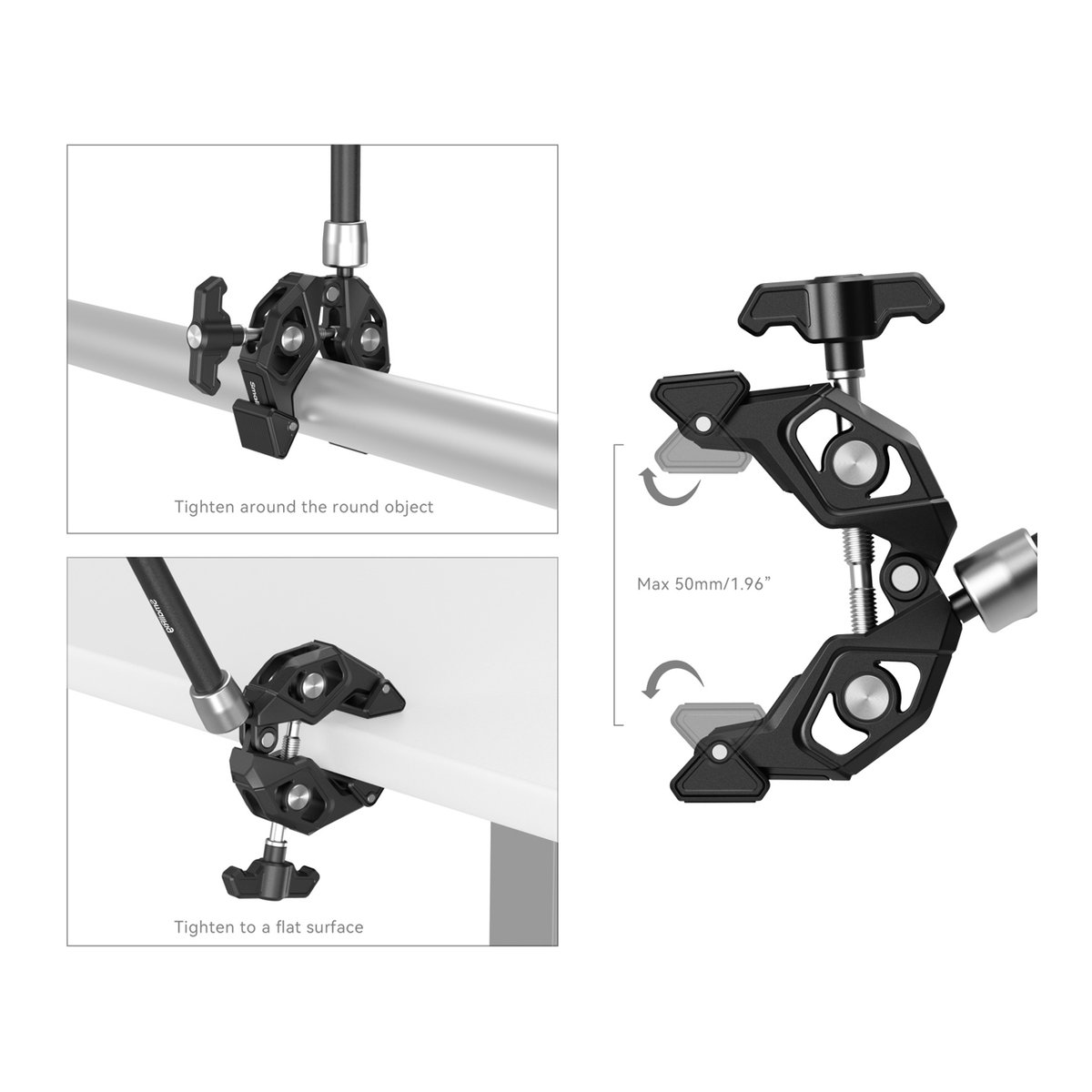 SmallRig 4454 Crap Shaped Clamp with Magic Arm - Anwendungsbeispiele der Klemme an Stangen und Tischkanten; Detailansicht zur max. Öffnungsweite von 50mm