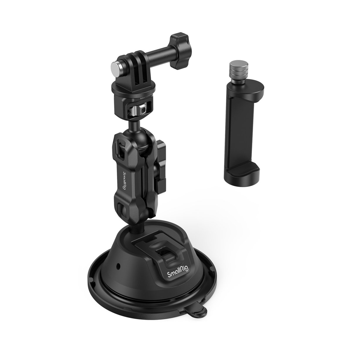 SmallRig 4275 SC-1K Portable Suction Cup Mount Support Kit, Saugnapf+Handyhalter - Lieferumfang: Eine schwarze Saugfuß-Halterung mit Gelenkarm und ein Smartphone-Klemmhalter.