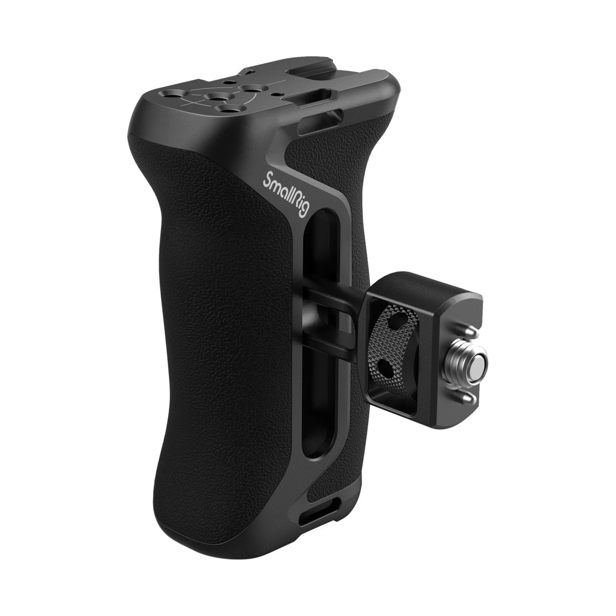 SmallRig 4346 Seitenhandgriff mit Two-in One Lokalisierungsschraube - Perspektivansicht des schwarzen SmallRig Kameragriffs mit seitlicher Befestigung.