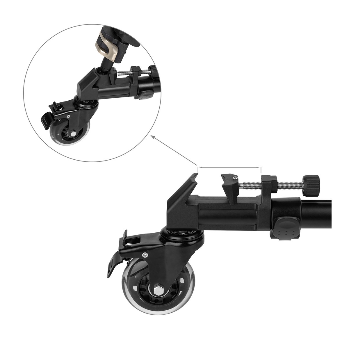 SmallRig 3986 Universal Tripod Dolly - Detailansicht: Lenkrolle und Klemmmechanismus, mit Nahaufnahme der schwenkbaren Radfunktion.
