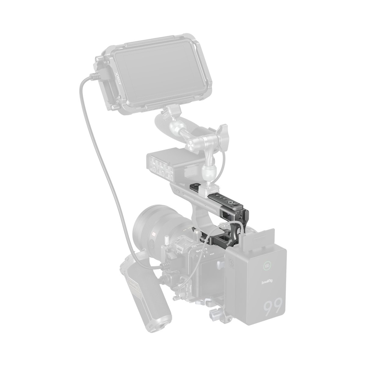 SmallRig 4830 Extension Mount Plate Kit für Sony FX3 / FX30 XLR Handle - Anwendungsbeispiel: Top Handle mit Zubehörhalterung am Kamerarig.