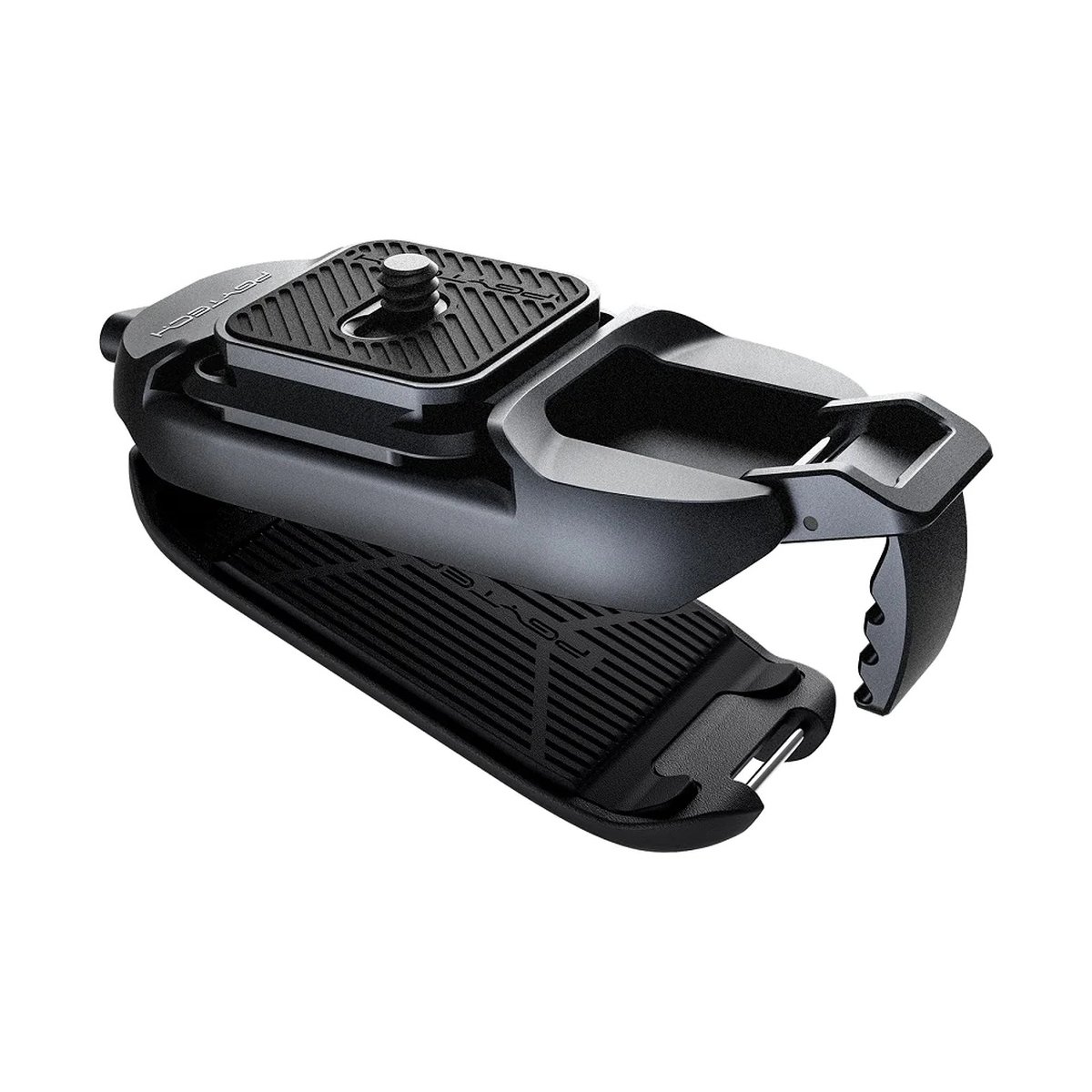 PGYTECH Beetle Camera Clip - Schräge Detailansicht einer geöffneten PGYTECH Kamerahalterung mit Schnellwechselplatte.