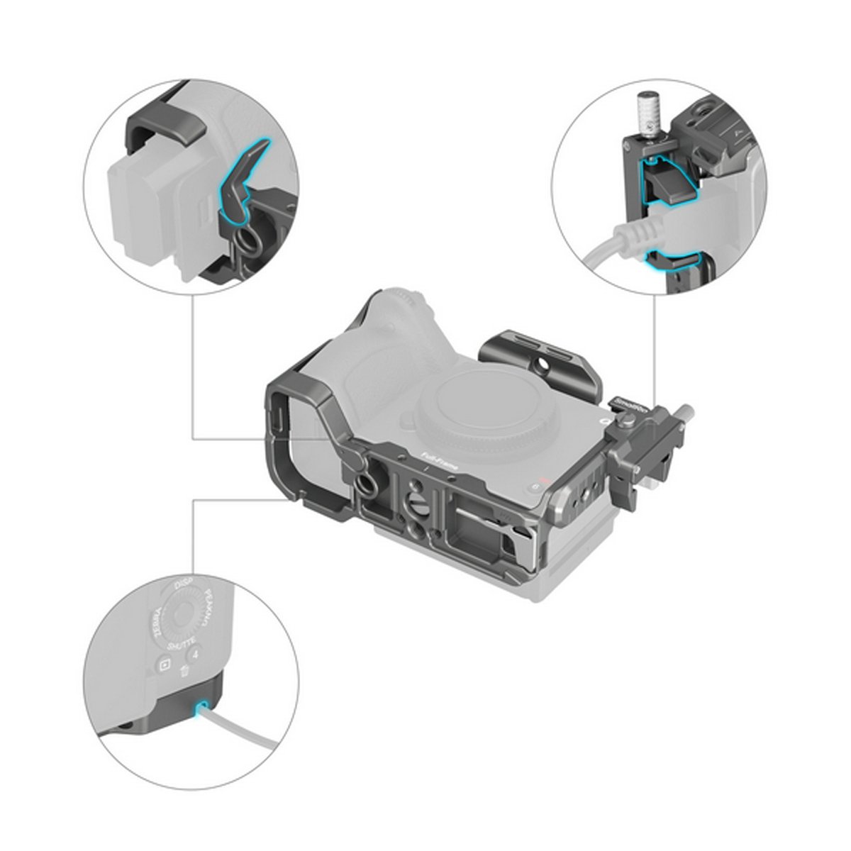 SmallRig 4770 HawkLock QR Cage Kit für Sony FX3 / FX30 - Anwendungsbeispiel: Kamera-Cage auf Kamera mit Detailansichten zu Batterie- und Kabelzugang