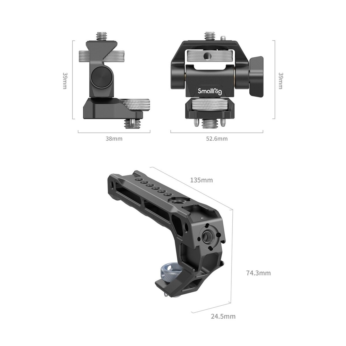 SmallRig 5323 Top Handle with Monitor Support Kit Comp.with ARRI 3/8"-16 Screw - Abmessungen der Produktkomponenten