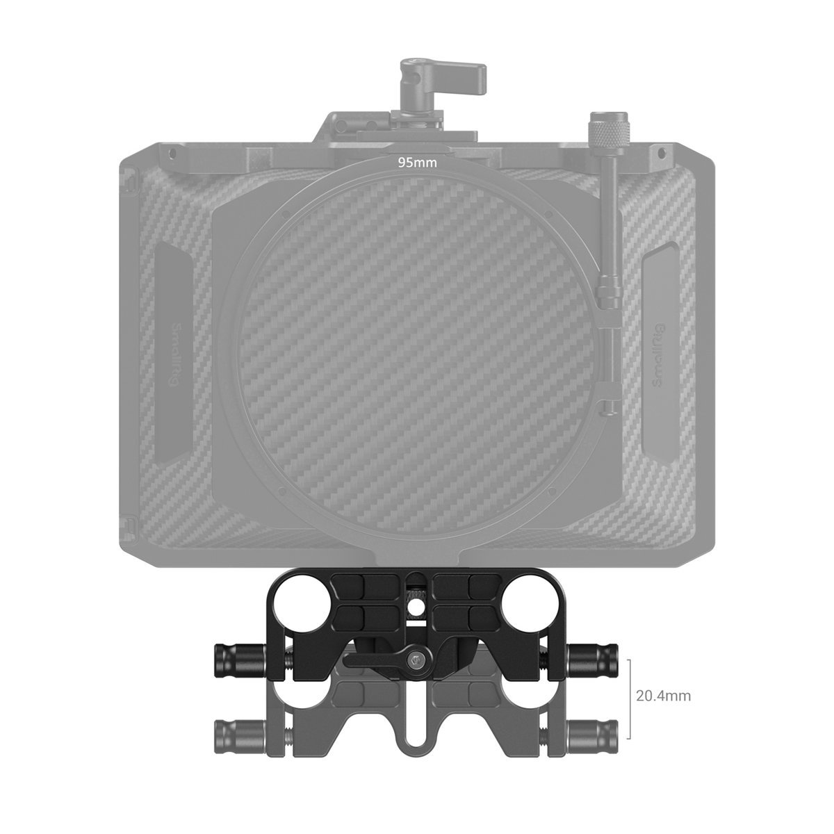 SmallRig 3652 LWS Rod Clamp 15 mm Stangenhalterung - Frontansicht des Matte Box-Systems mit Rod Clamp und Bemaßungen