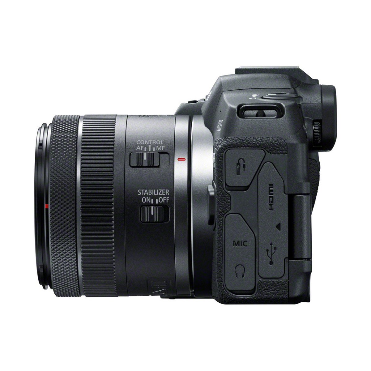 Canon EOS R8+RF 4,5-6,3/24-50 mm IS STM Kamerakit - Linke Seitenansicht der Kamera mit Objektiv, Anschlüssen und Objektivschaltern.