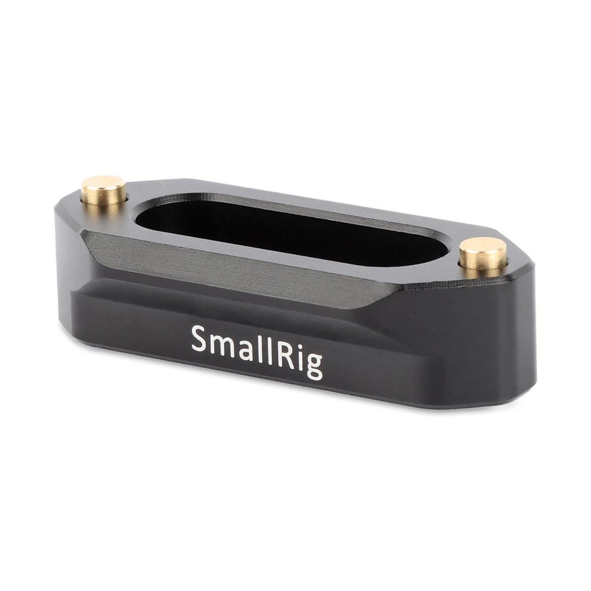 SmallRig 1409 Quick-Release NATO-Rail 46 mm mit Sicherheitsstift für Topgriff - Schräge Ansicht des schwarzen SmallRig Zubehörteils mit Logo und zwei goldfarbenen Schrauben.