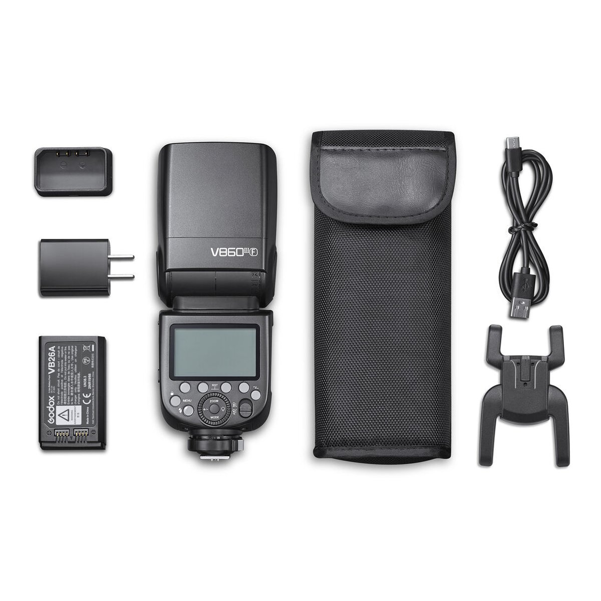 Godox Speedlite V860III Fuji - Lieferumfang: Godox V860III Blitzgerät mit Akku, Ladegerät, Kabel, Tasche & Standfuß.