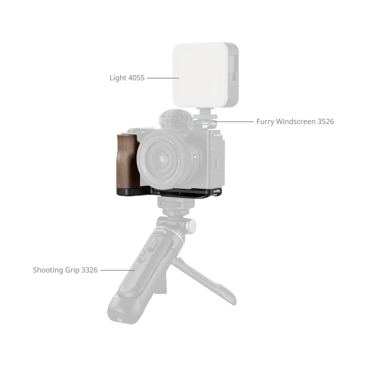 SmallRig 4864 L-förmige Montageplatte m. Holzgriff f. Sony ZV-E10 II - Anwendungsbeispiel: Kamera-Setup mit Licht, Mikrofon, Holzgriff und Shooting Grip.