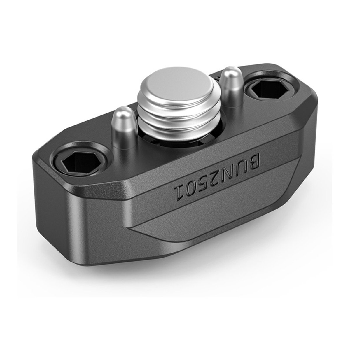 SmallRig 2501B NATO Rail mit ARRI Locating Stift 35 mm - Obere Ansicht: Schwarzes Bauteil mit zwei Sechskantlöchern, silbernem Drehknopf und Gravur BUN2501.